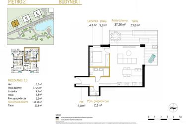 Rzut - Mieszkanie na sprzedaż 2 pokoje o powierzchni 56,56 m² - numer 2.3/I w Panorama Park