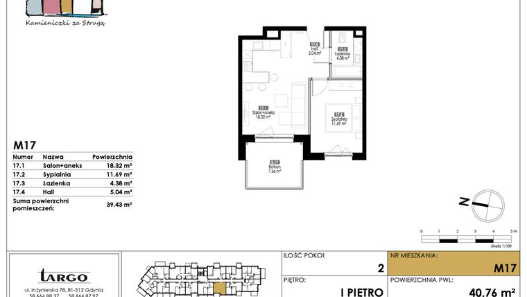Rzut - Mieszkanie na sprzedaż 2 pokoje o powierzchni 39,43 m² - numer M17 w Kamieniczki za Strugą