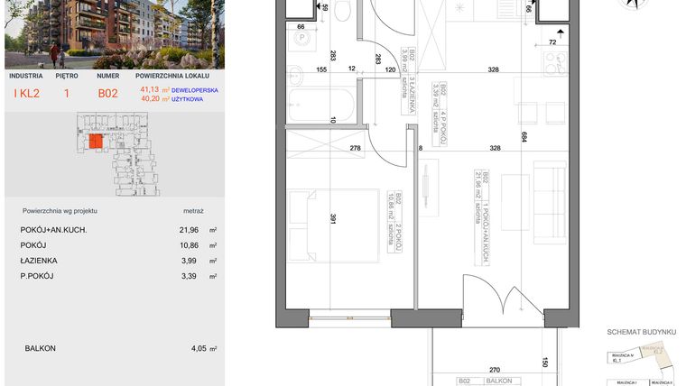 Rzut - Mieszkanie na sprzedaż 2 pokoje o powierzchni 40,2 m² - numer I-B2 w Industria etap I-B