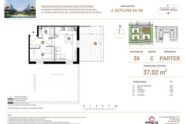 Rzut - Mieszkanie na sprzedaż 2 pokoje o powierzchni 37,02 m² - numer JAR-III-C-LM-M39 w Osiedle JAR Heweliusza etap III