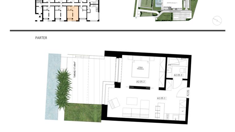 Rzut - Mieszkanie na sprzedaż 2 pokoje o powierzchni 39,4 m² - numer A2.05 w Apartamenty Dźwirzyno