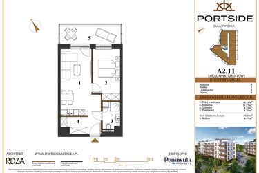 Rzut - Mieszkanie na sprzedaż 2 pokoje o powierzchni 39,48 m² - numer A2.11 w Portside Bałtycka