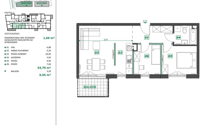 Rzut - Mieszkanie na sprzedaż 3 pokoje o powierzchni 55,43 m² - numer A.2.5 w Apartamenty Pszczyńska