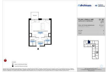 Rzut - Mieszkanie na sprzedaż 1 pokój o powierzchni 37,31 m² - numer D1.36 w Bulwar Północny