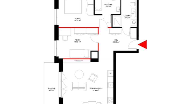 Rzut - Mieszkanie na sprzedaż 3 pokoje o powierzchni 76,92 m² - numer F.1.7 w INSPIRE ETAP V – bud. F, G