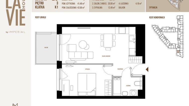 Rzut - Mieszkanie na sprzedaż 2 pokoje o powierzchni 41,48 m² - numer 25 w La Vie House