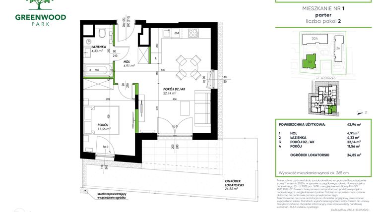 Rzut - Mieszkanie na sprzedaż 2 pokoje o powierzchni 42,94 m² - numer A 1 w Greenwood Park
