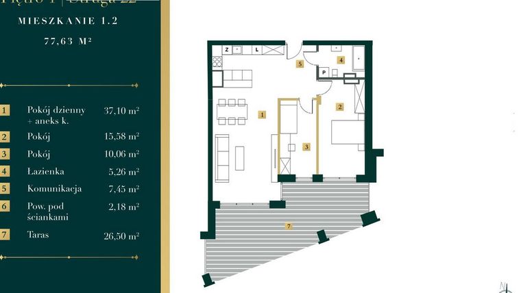 Rzut - Mieszkanie na sprzedaż 3 pokoje o powierzchni 76,53 m² - numer 1.2 w New Iron