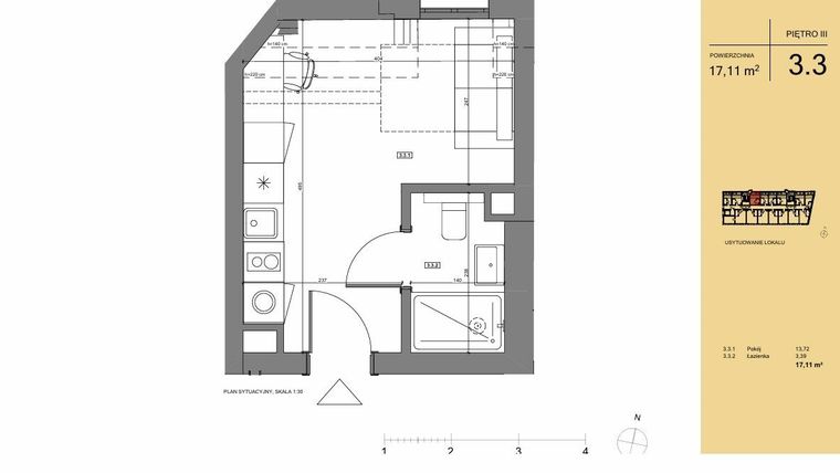Rzut - Mieszkanie na sprzedaż 1 pokój o powierzchni 17,11 m² - numer 3.3 w Rezydencja San Petrus