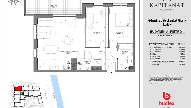 Rzut - Mieszkanie na sprzedaż 3 pokoje o powierzchni 70,1 m² - numer A11 w Kapitanat A