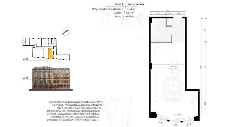 Rzut - Mieszkanie na sprzedaż 1 pokój o powierzchni 49,68 m² - numer G2/2 – 202 w Krupnicza 6/8
