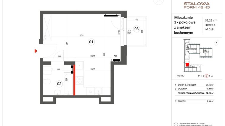 Rzut - Mieszkanie na sprzedaż 1 pokój o powierzchni 32,26 m² - numer 18 w Stalowa Form 43.45