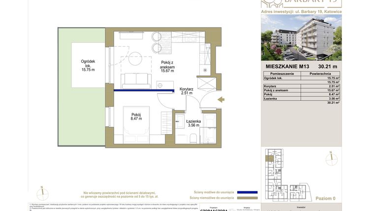 Rzut - Mieszkanie na sprzedaż 2 pokoje o powierzchni 30,21 m² - numer M13 w Barbary 19