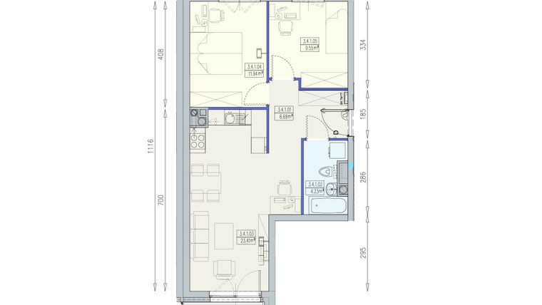 Rzut - Mieszkanie na sprzedaż 3 pokoje o powierzchni 55,82 m² - numer K1 3/4/1/3a w Południk 17 - budynek K1