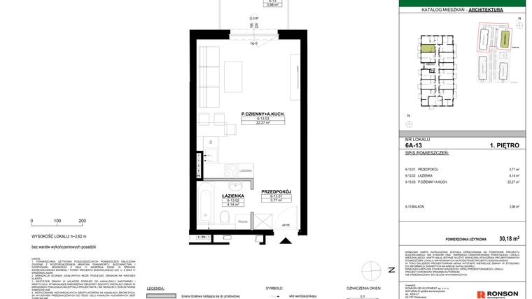 Rzut - Mieszkanie na sprzedaż 1 pokój o powierzchni 30,18 m² - numer 6A-13 w Nowa Północ etap 2A