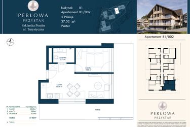 Rzut - Mieszkanie na sprzedaż 2 pokoje o powierzchni 37,02 m² - numer B1/002 w Perłowa Przystań - Szklarska Poręba