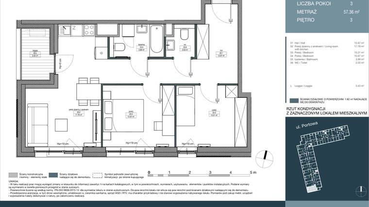 Rzut - Mieszkanie na sprzedaż 3 pokoje o powierzchni 57,36 m² - numer 23 w Portowa Zabłocie