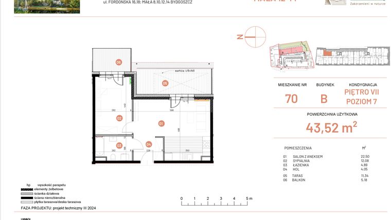 Rzut - Mieszkanie na sprzedaż 2 pokoje o powierzchni 43,52 m² - numer 12.70 w Osiedle Nowe Horyzonty etap III
