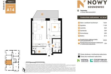 Rzut - Mieszkanie na sprzedaż 2 pokoje o powierzchni 41,1 m² - numer A14 w Nowy Sosnowiec