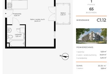 Rzut - Mieszkanie na sprzedaż 1 pokój o powierzchni 33,3 m² - numer C1.12 w Enklawa Bukowa II