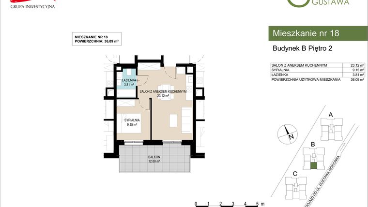 Rzut - Mieszkanie na sprzedaż 2 pokoje o powierzchni 36,09 m² - numer B18 w Wzgórze Gustawa