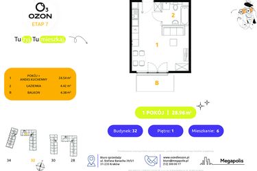 Rzut - Mieszkanie na sprzedaż 1 pokój o powierzchni 28,96 m² - numer 32.6 w Osiedle Ozon etap VII