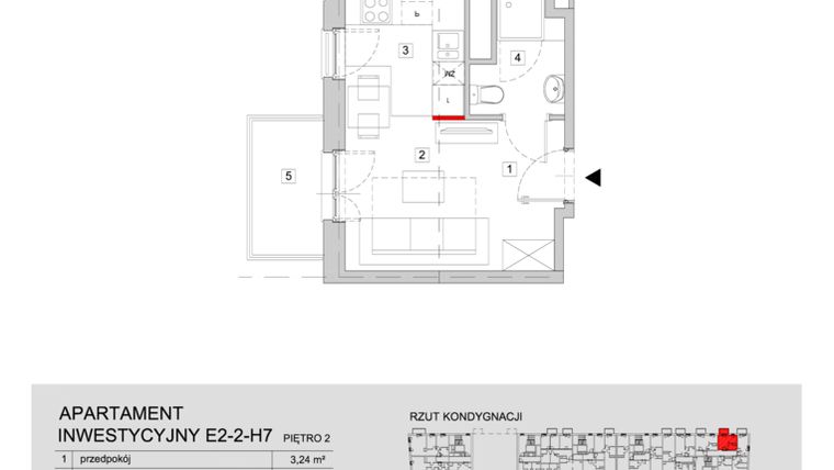 Rzut - Mieszkanie na sprzedaż 1 pokój o powierzchni 20,95 m² - numer E2-2-H7 w ATAL City Square etap IV - Apartamenty Inwestycyjne