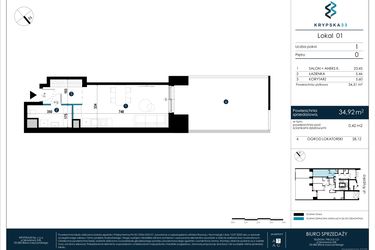 Rzut - Mieszkanie na sprzedaż 1 pokój o powierzchni 34,44 m² - numer M01 w Krypska 33