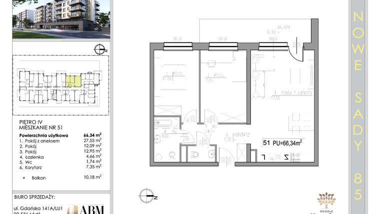 Rzut - Mieszkanie na sprzedaż 3 pokoje o powierzchni 66,53 m² - numer 51 w Nowe Sady 85