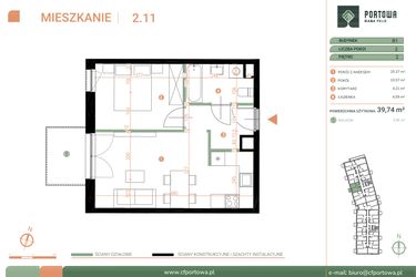 Rzut - Mieszkanie na sprzedaż 2 pokoje o powierzchni 39,74 m² - numer M.02.11 w Casa Feliz Portowa II