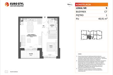 Rzut - Mieszkanie na sprzedaż 2 pokoje o powierzchni 40,91 m² - numer C7.9 w Konstelacja etap IV