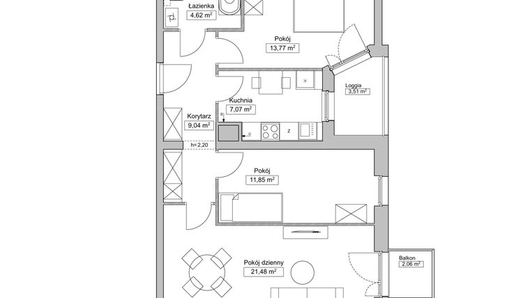 Rzut - Mieszkanie na sprzedaż 3 pokoje o powierzchni 67,79 m² - numer LEG/A/4/1 w Legnicka Residence