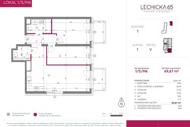 Rzut - Mieszkanie na sprzedaż 3 pokoje o powierzchni 69,67 m² - numer 1/5/M6 w Lechicka 65