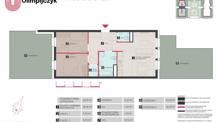 Rzut - Mieszkanie na sprzedaż 3 pokoje o powierzchni 56,08 m² - numer D3 w Osiedle Olimpijczyk II etap
