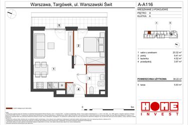 Rzut - Mieszkanie na sprzedaż 2 pokoje o powierzchni 38,22 m² - numer A-A116 w Warszawski Świt etap VII