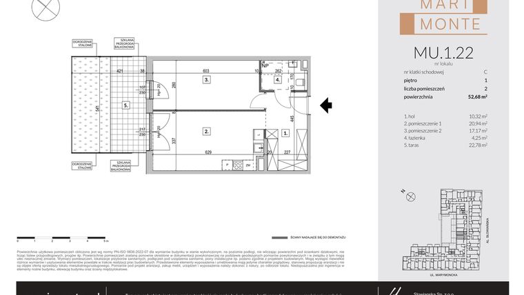 Rzut - Mieszkanie na sprzedaż 2 pokoje o powierzchni 52,68 m² - numer MU.1.22 w Marimonte - apartamenty inwestycyjne
