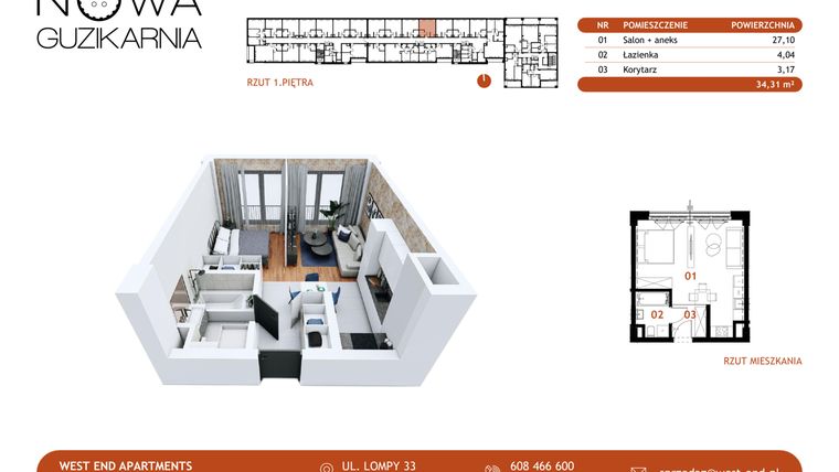 Rzut - Mieszkanie na sprzedaż 1 pokój o powierzchni 34,91 m² - numer B1.1.60 w Nowa Guzikarnia