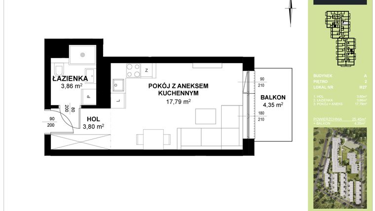 Rzut - Mieszkanie na sprzedaż 1 pokój o powierzchni 25,45 m² - numer A_M27 w Triton Kampinos III