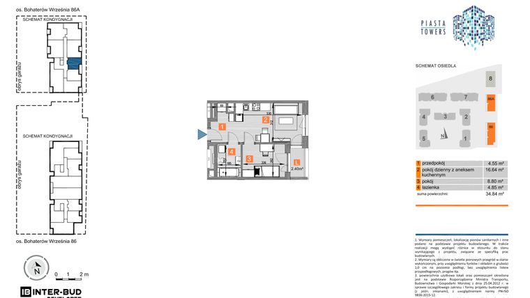 Rzut - Mieszkanie na sprzedaż 2 pokoje o powierzchni 34,84 m² - numer 86A.36 w Piasta Towers bud. 86 i 86A
