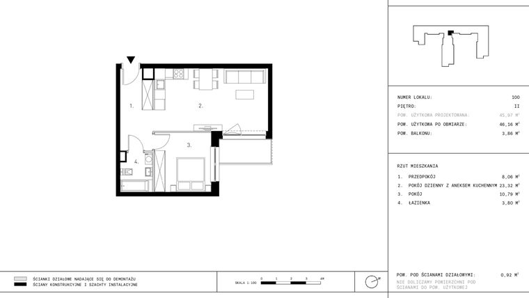 Rzut - Mieszkanie na sprzedaż 2 pokoje o powierzchni 46,16 m² - numer 2.A16 w Staszica 3