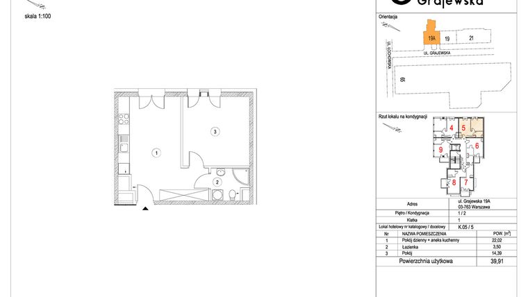 Rzut - Mieszkanie na sprzedaż 2 pokoje o powierzchni 39,93 m² - numer M-5 w Apartamenty Grajewska