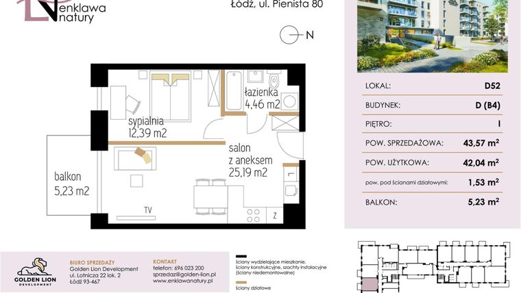 Rzut - Mieszkanie na sprzedaż 2 pokoje o powierzchni 42,04 m² - numer D52 w Enklawa Natury