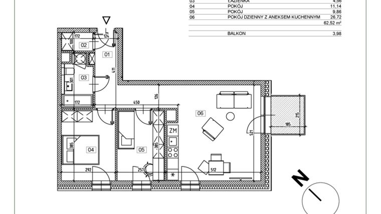 Rzut - Mieszkanie na sprzedaż 3 pokoje o powierzchni 61,79 m² - numer J.M08 w Osiedle Glivia Zachodnia