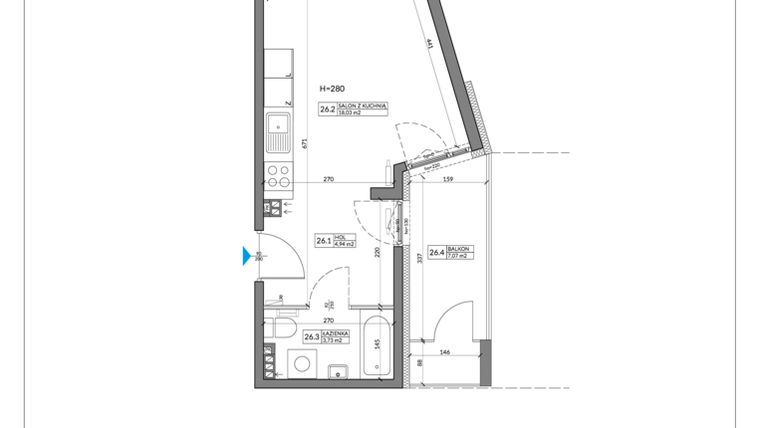 Rzut - Mieszkanie na sprzedaż 1 pokój o powierzchni 26,7 m² - numer 26 w Apartamenty Przyjaciół I