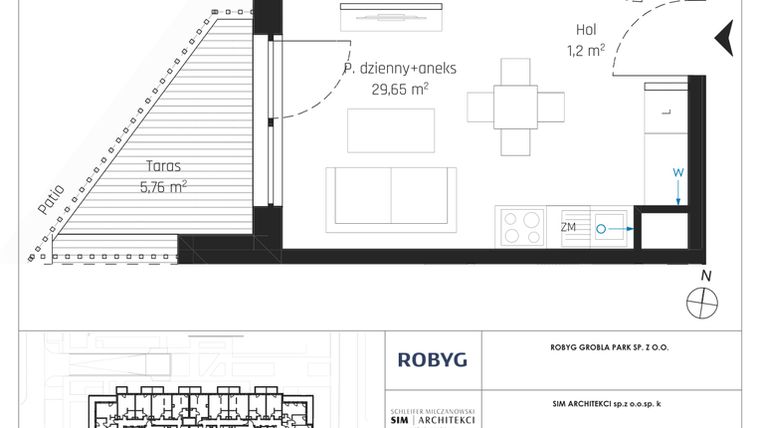 Rzut - Mieszkanie na sprzedaż 1 pokój o powierzchni 34,97 m² - numer J.1M30 w Nadmotławie Apartments etap J