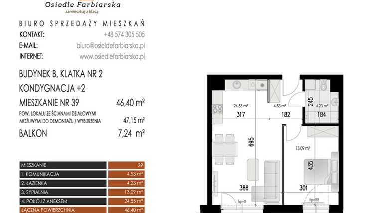 Rzut - Mieszkanie na sprzedaż 2 pokoje o powierzchni 46,4 m² - numer 39B w Osiedle Farbiarska II