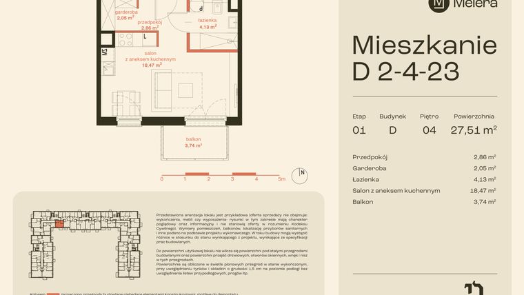Rzut - Mieszkanie na sprzedaż 1 pokój o powierzchni 27,51 m² - numer D2-4-23 w Osiedle Meiera