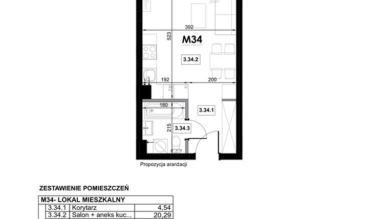 Rzut - Mieszkanie na sprzedaż 1 pokój o powierzchni 28,59 m² - numer M34 w Miejska Premium II