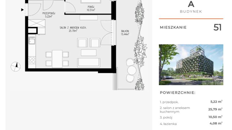 Rzut - Mieszkanie na sprzedaż 2 pokoje o powierzchni 45,59 m² - numer 51 w Semiramis