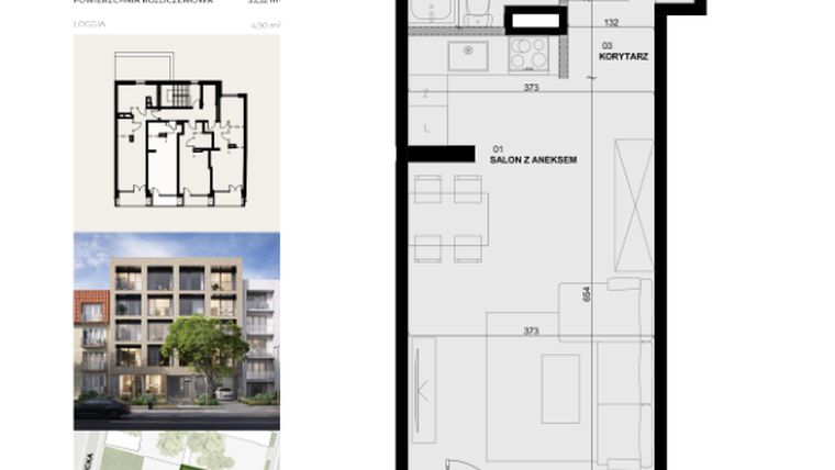 Rzut - Mieszkanie na sprzedaż 1 pokój o powierzchni 33,32 m² - numer 4M15 w Apartamentowiec Szaserów